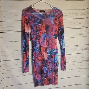 MISS LOLA Mesh Abstract Print Long Sleeve Lettuce Hem‎ Mini Dress M